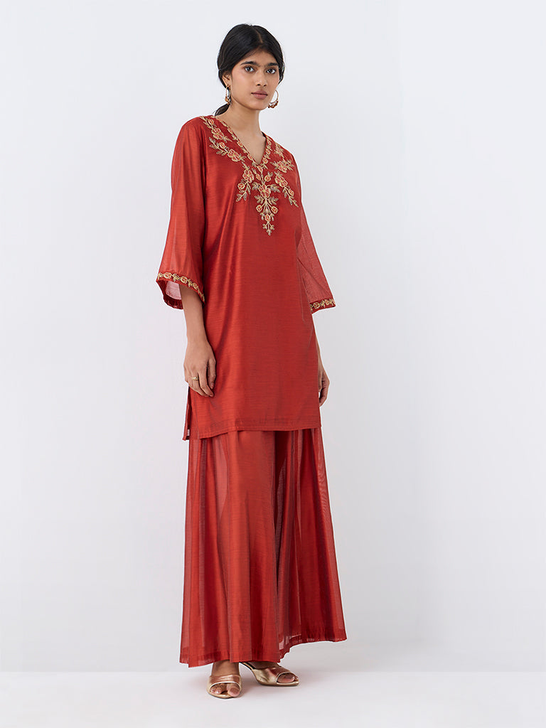 Utsa Orange Floral Embroidered Straight Kurta