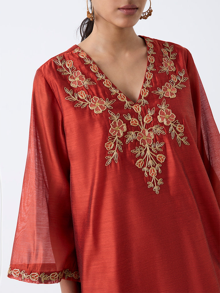 Utsa Orange Floral Embroidered Straight Kurta