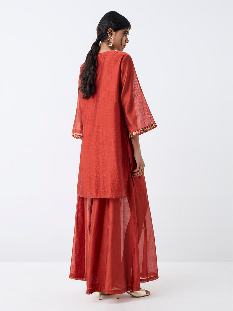 Utsa Orange Floral Embroidered Straight Kurta