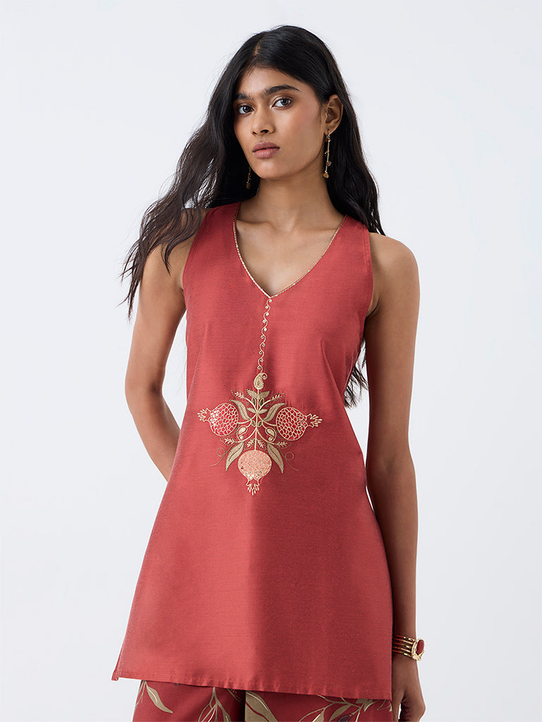Utsa Rust Anar Embroidered Straight Kurti