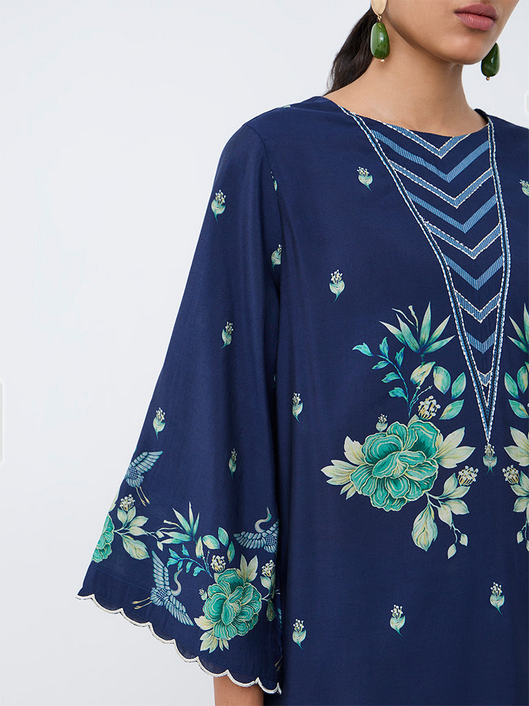 Utsa Dark Blue Floral Printed Straight Kurta