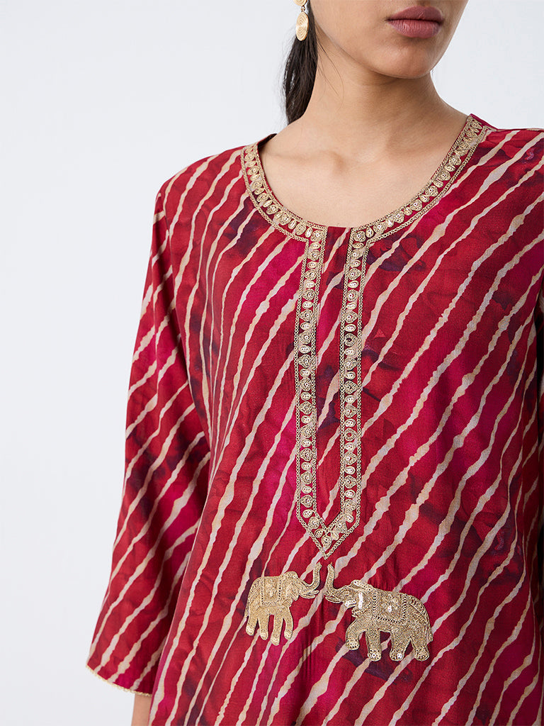 Utsa Red Printed A-Line Kurta