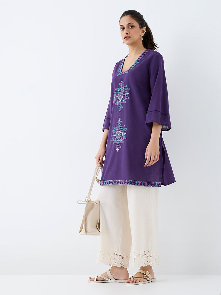 Utsa Purple Embroidered Cotton-Blend A-Line Kurta