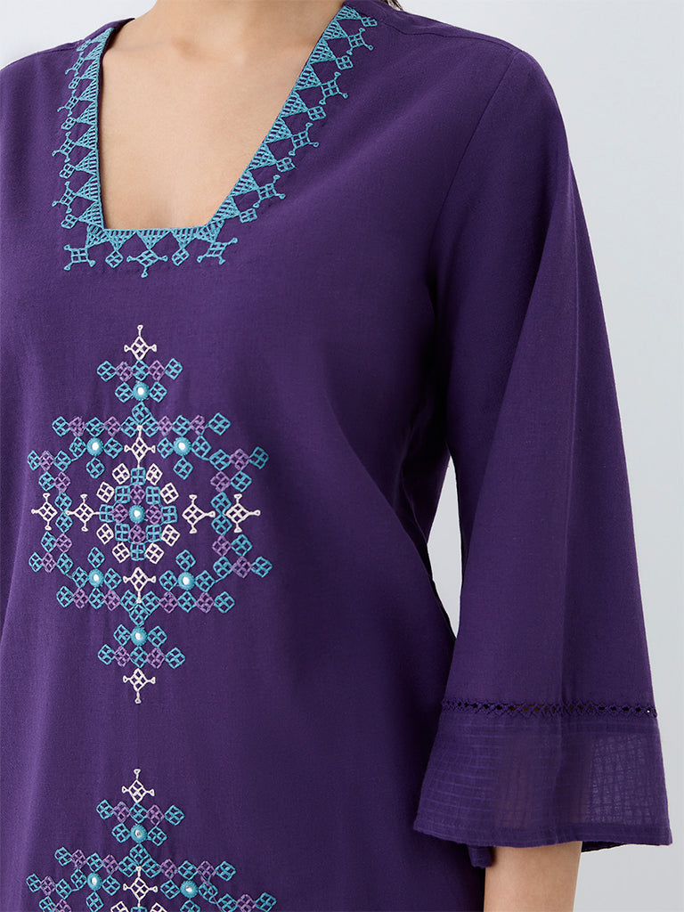 Utsa Purple Embroidered Cotton-Blend A-Line Kurta