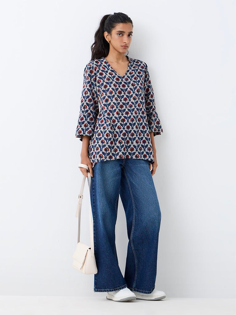 Utsa Light Blue Floral Printed Tunic
