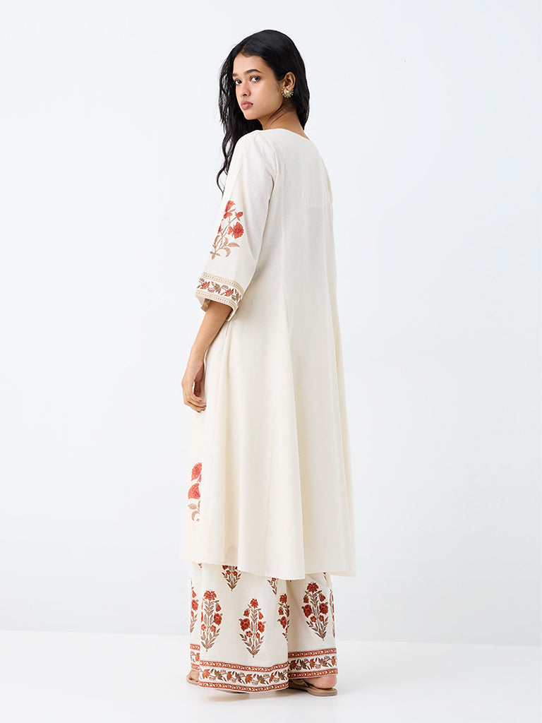 Utsa Off-White Botanical Pattern Cotton A-Line Kurta