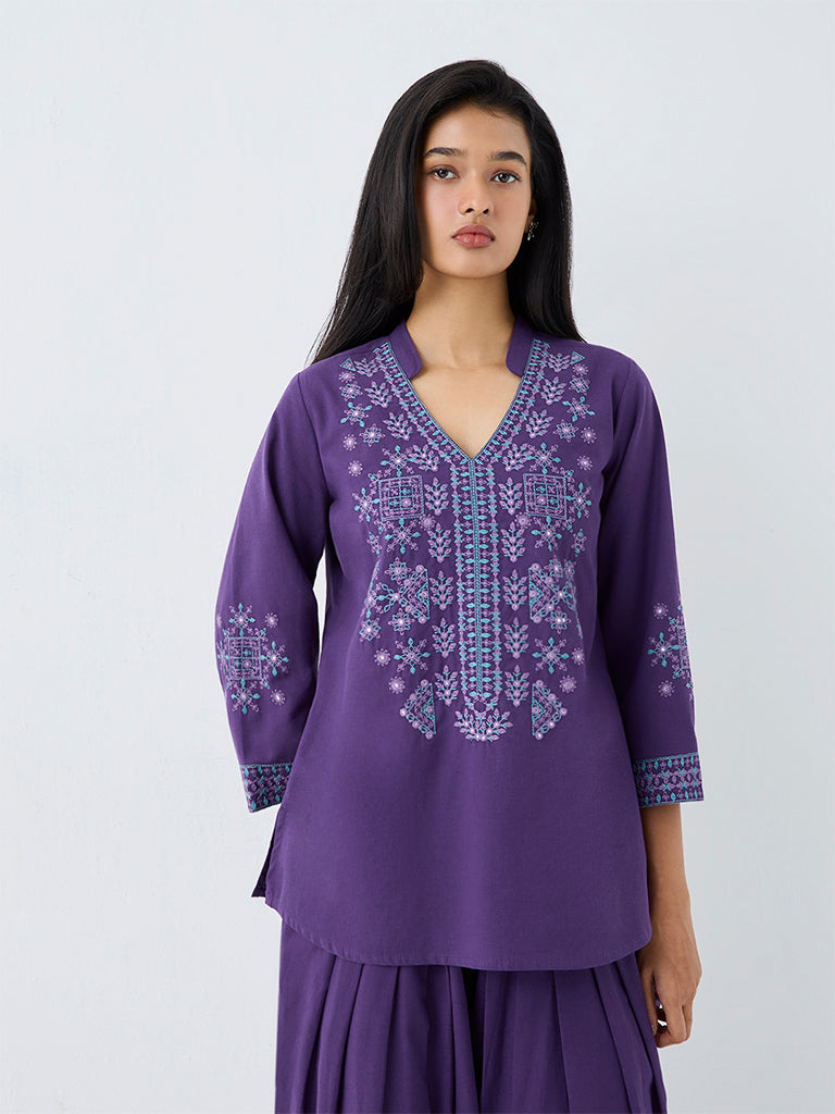 Utsa Violet Embroidered Cotton-Blend Tunic