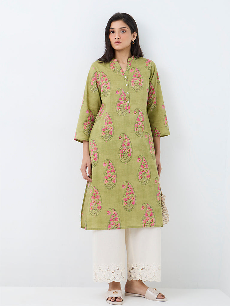 Utsa Green Paisley Design Cotton Straight Kurta