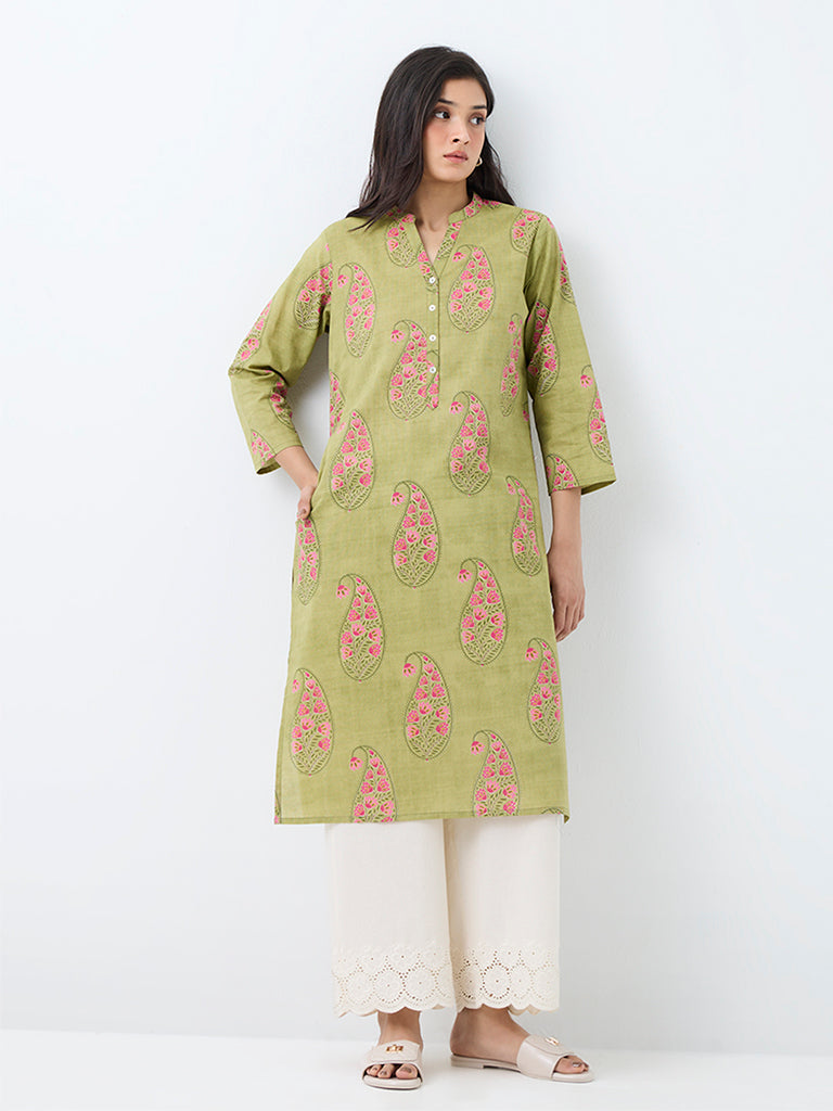 Utsa Green Paisley Design Cotton Straight Kurta