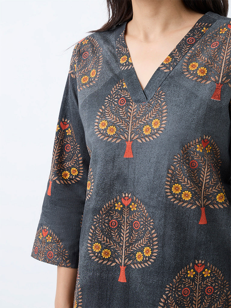 Utsa Dark Grey Floral Printed Cotton Straight Kurta