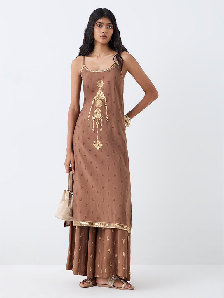 Utsa Light Brown Printed A-Line Kurta