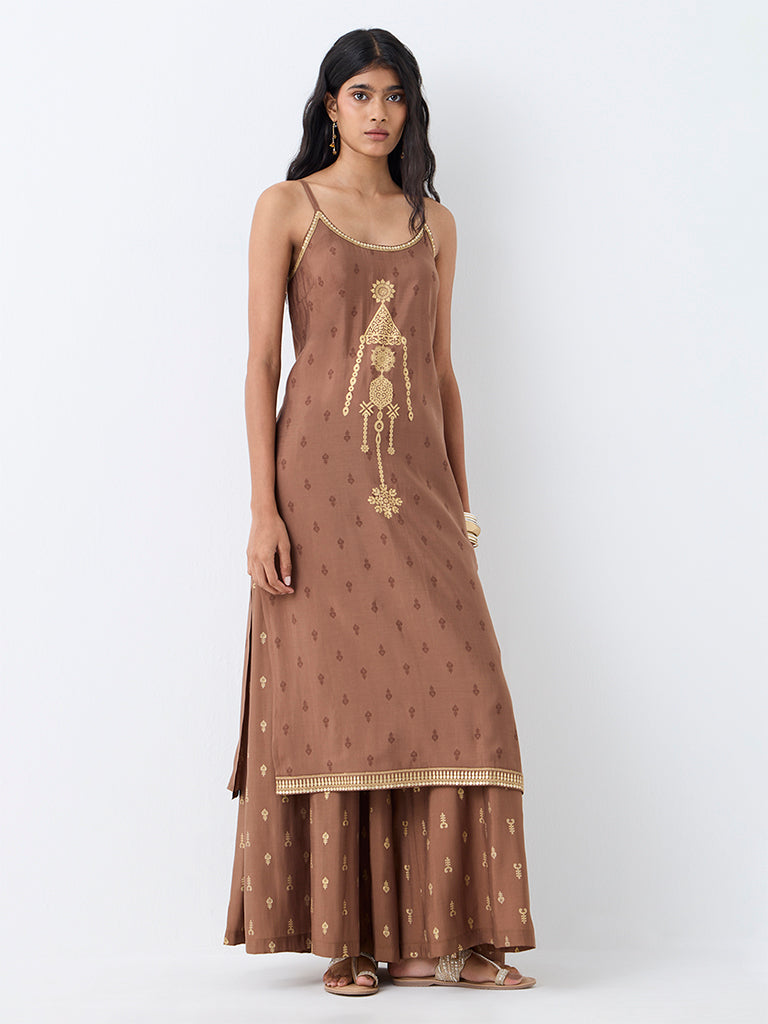 Utsa Light Brown Printed A-Line Kurta
