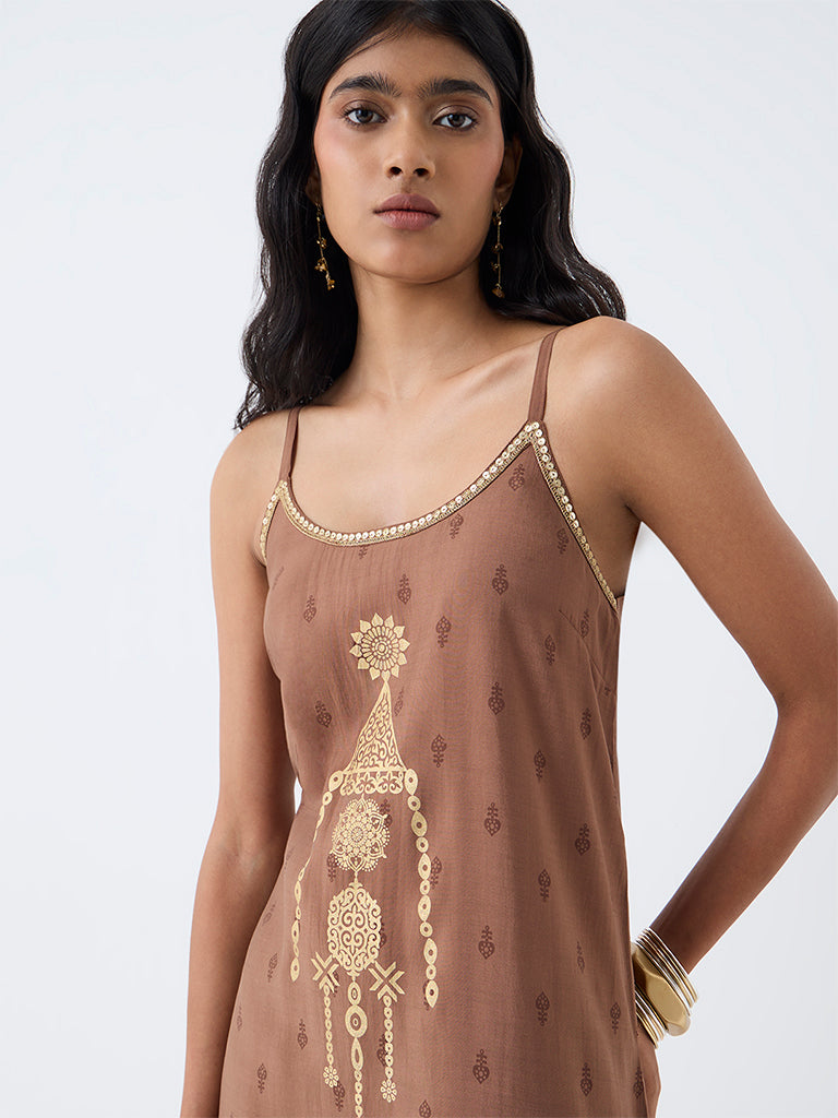 Utsa Light Brown Printed A-Line Kurta