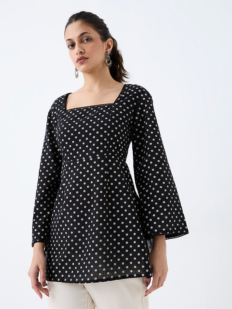 Utsa Black Polka Dot Printed Cotton Tunic
