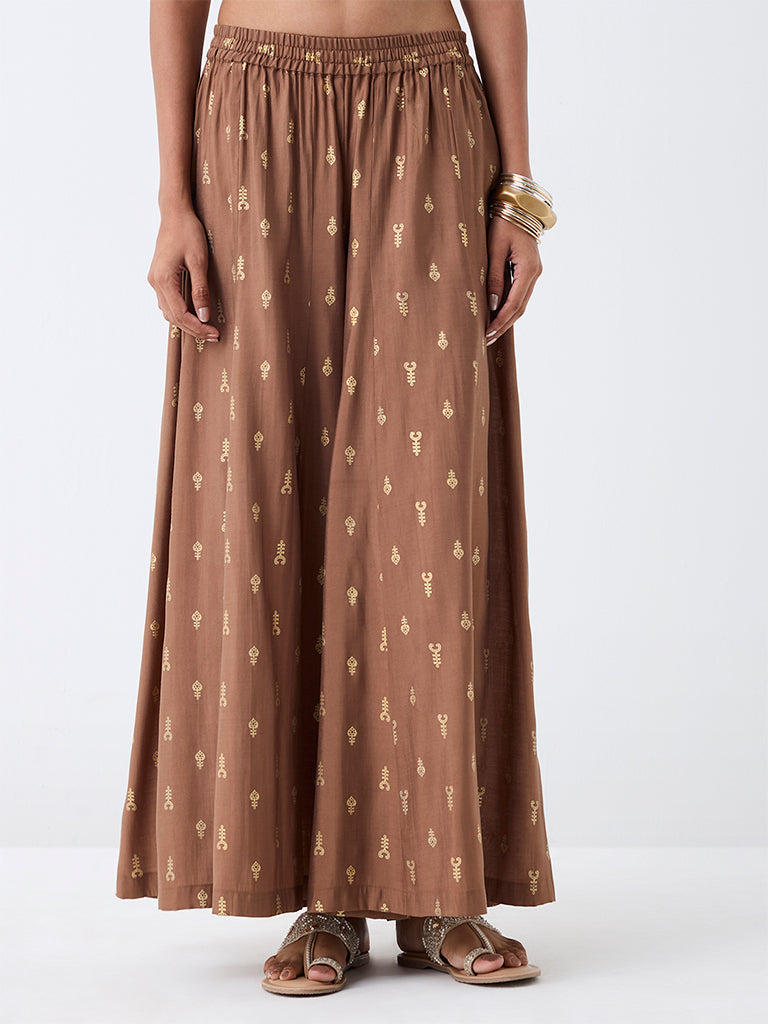 Utsa Light Brown Printed Palazzos