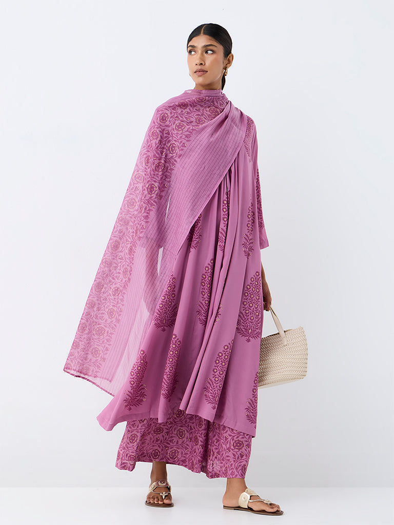 Zuba Purple Floral Printed A-Line Kurta