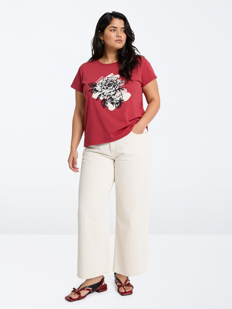 Gia Red Floral Printed Cotton T-Shirt