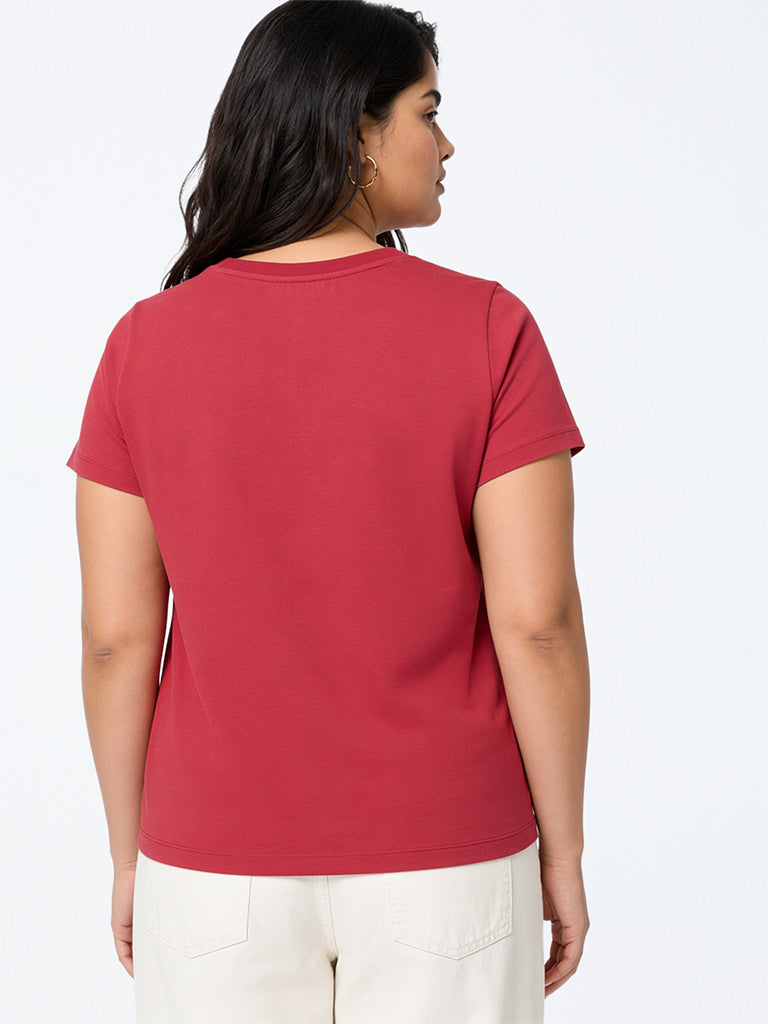 Gia Red Floral Printed Cotton T-Shirt