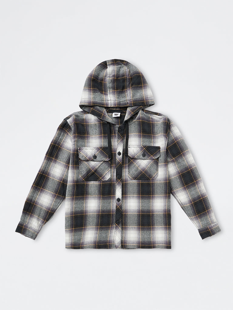 Boys Black Checkered Cotton Hooded Shirt