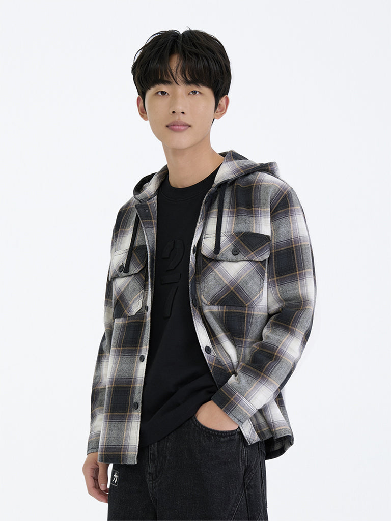 Boys Black Checkered Cotton Hooded Shirt