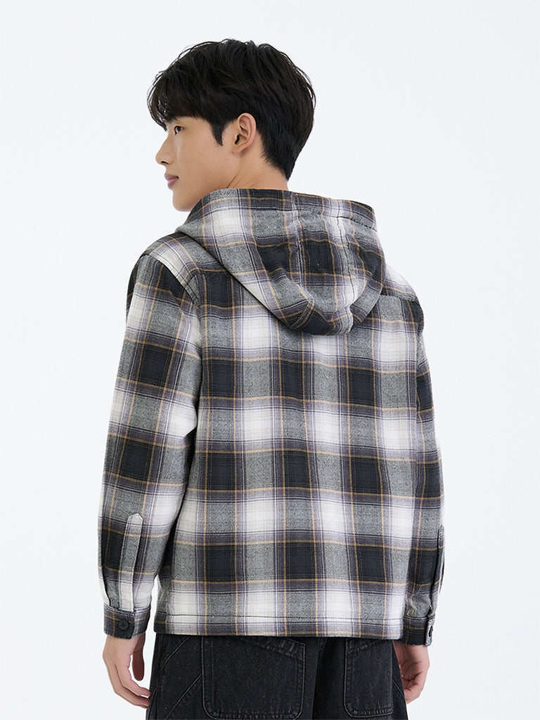 Boys Black Checkered Cotton Hooded Shirt