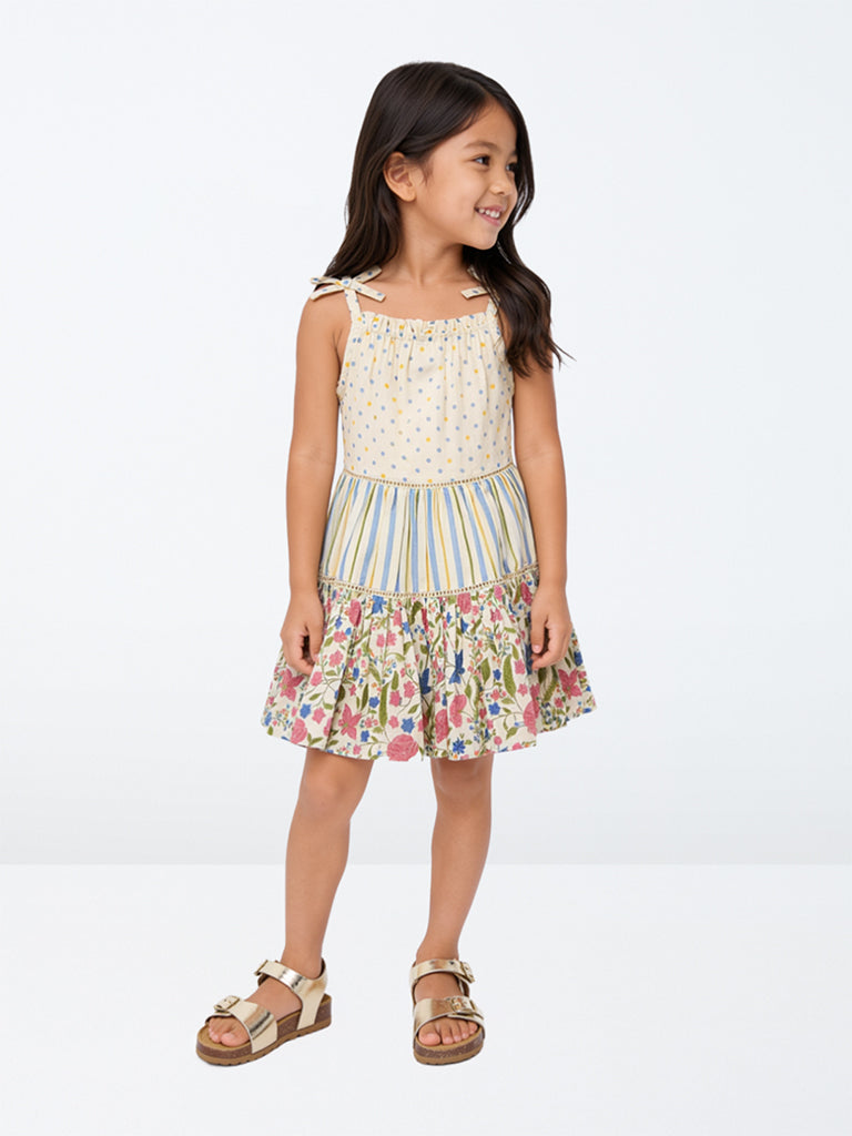 Utsa Kids Girls Cream Printed Cotton Tiered Dress - (2-8 yrs)