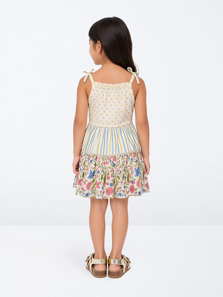 Utsa Kids Girls Cream Printed Cotton Tiered Dress - (2-8 yrs)