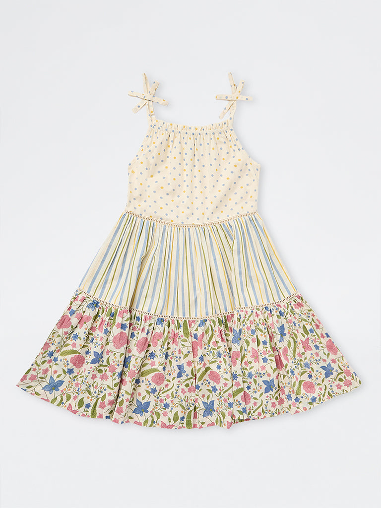 Utsa Kids Girls Multicolour Printed Cotton Tiered Dress - (8-14 yrs)