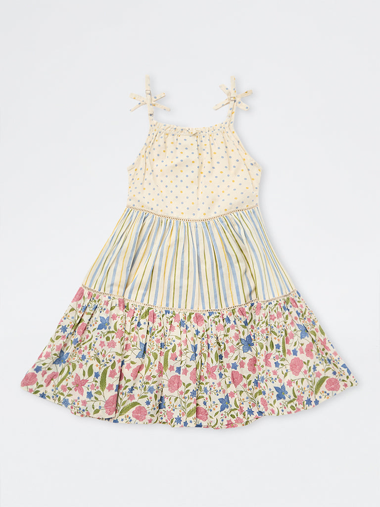 Utsa Kids Girls Multicolour Printed Cotton Tiered Dress - (8-14 yrs)