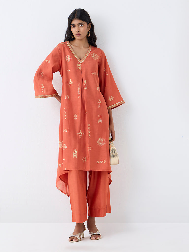 Utsa Orange Printed A-Line Kurta