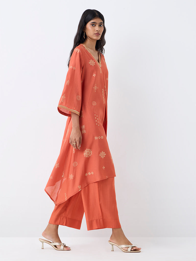 Utsa Orange Printed A-Line Kurta