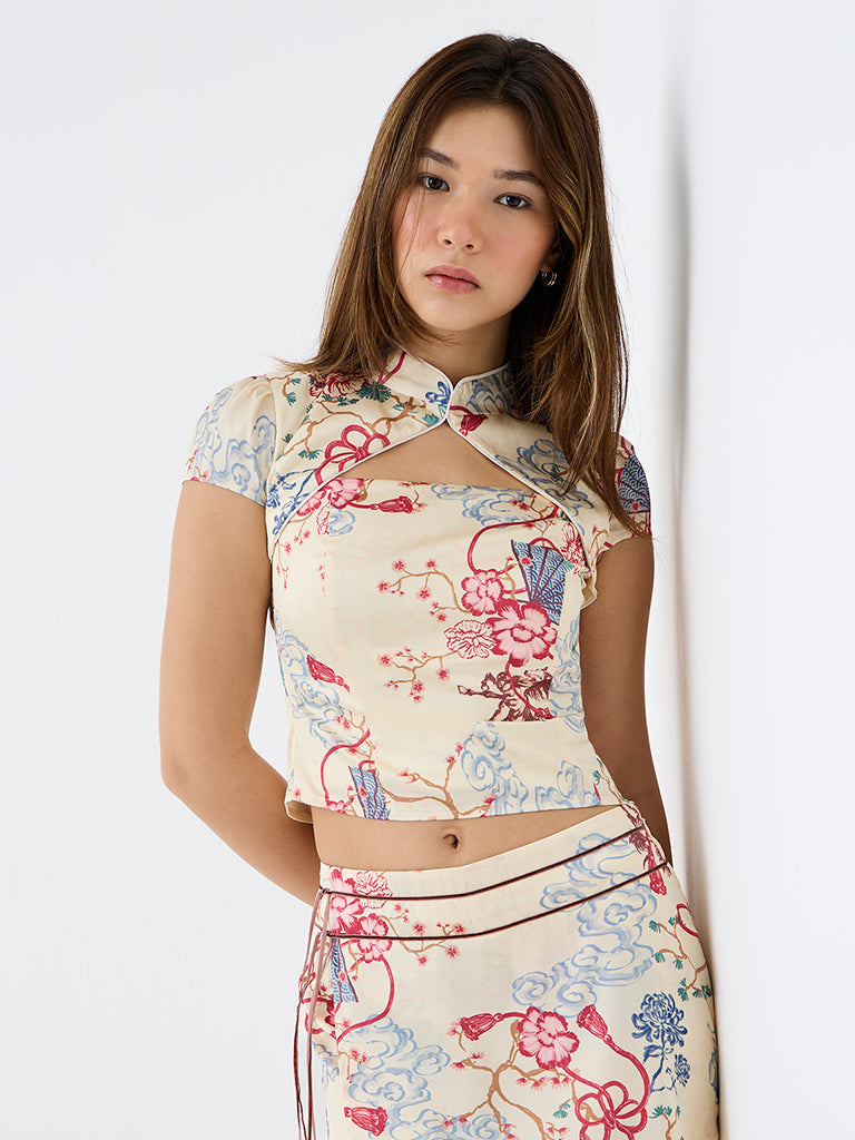 Nuon Light Yellow Floral Printed Mandarin Collar Top