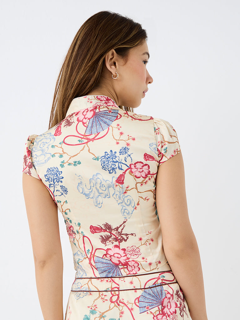 Nuon Light Yellow Floral Printed Mandarin Collar Top