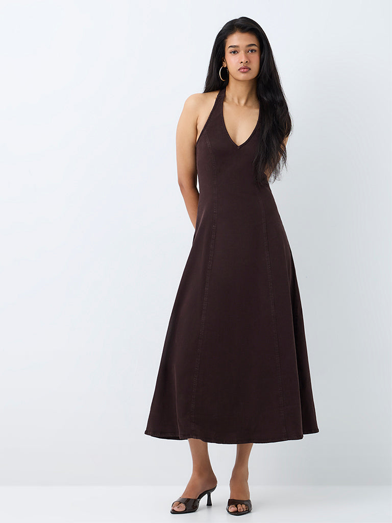 LOV Dark Brown Halter-Neck A-Line Midi Denim Dress