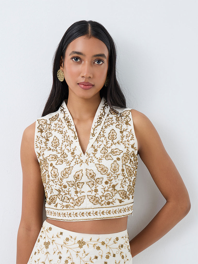 Vark Off-White Botanical Embellished Crop Top