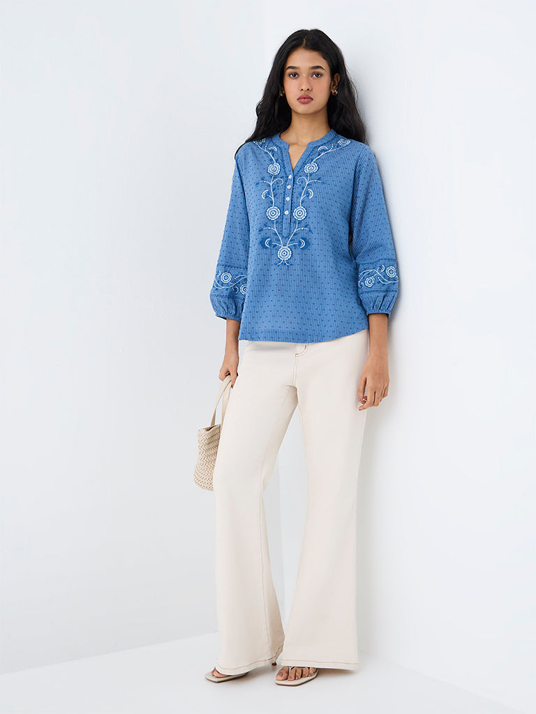 Utsa Blue Floral Embroidered Cotton Tunic