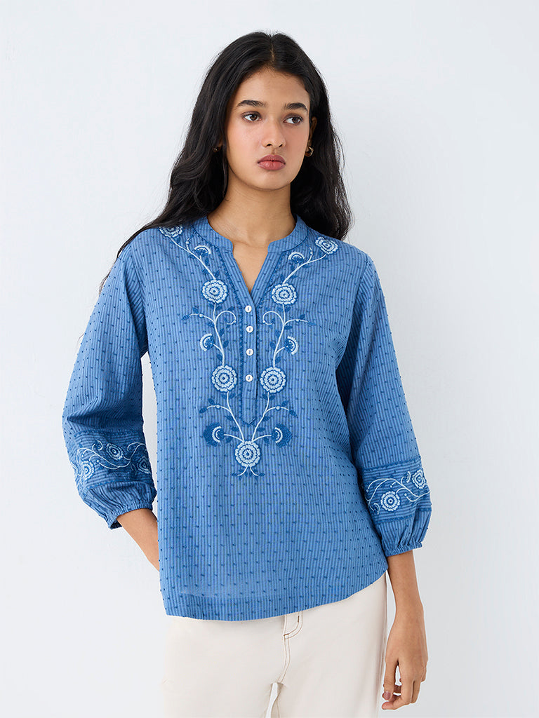 Utsa Blue Floral Embroidered Cotton Tunic