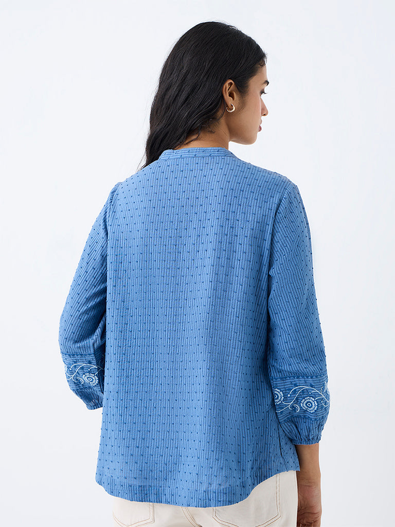 Utsa Blue Floral Embroidered Cotton Tunic