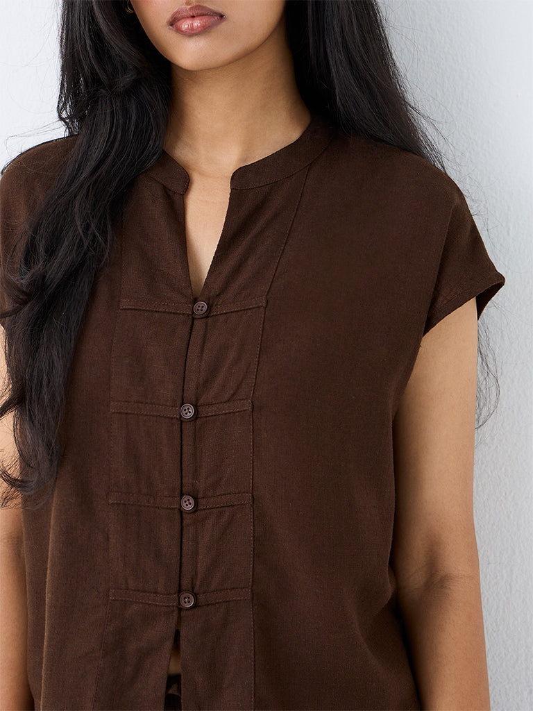 LOV Brown Solid  Imitation Frog Fastening Blouse