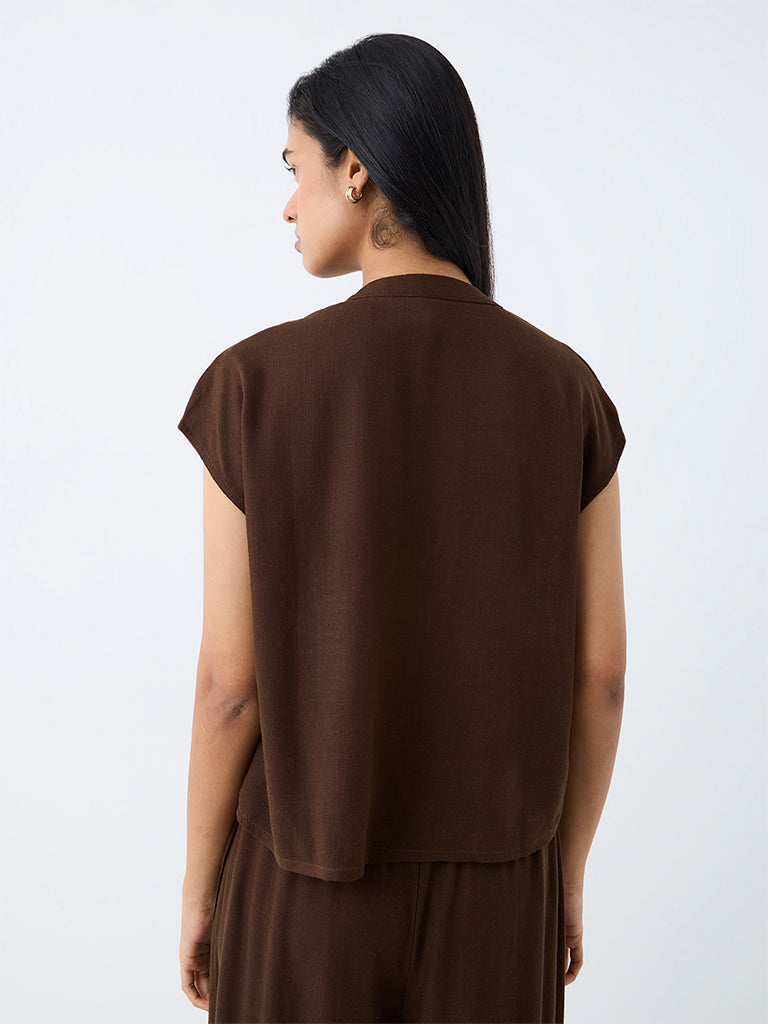 LOV Brown Solid  Imitation Frog Fastening Blouse