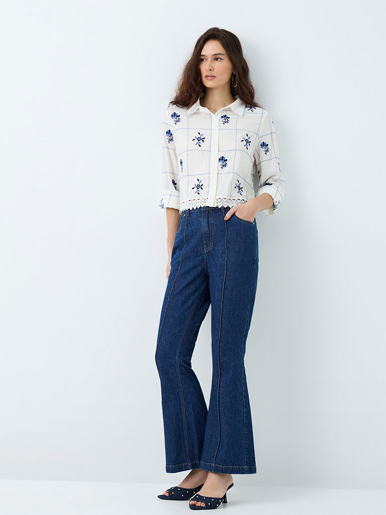 LOV White Floral Embroidered Lace-Detail Blouse
