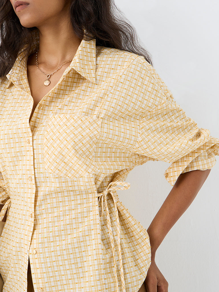 LOV Yellow Checkered Tie-Up Detail Cotton Blouse