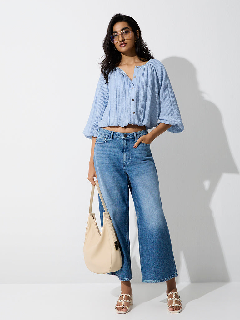 LOV Light Blue Textured Blouse