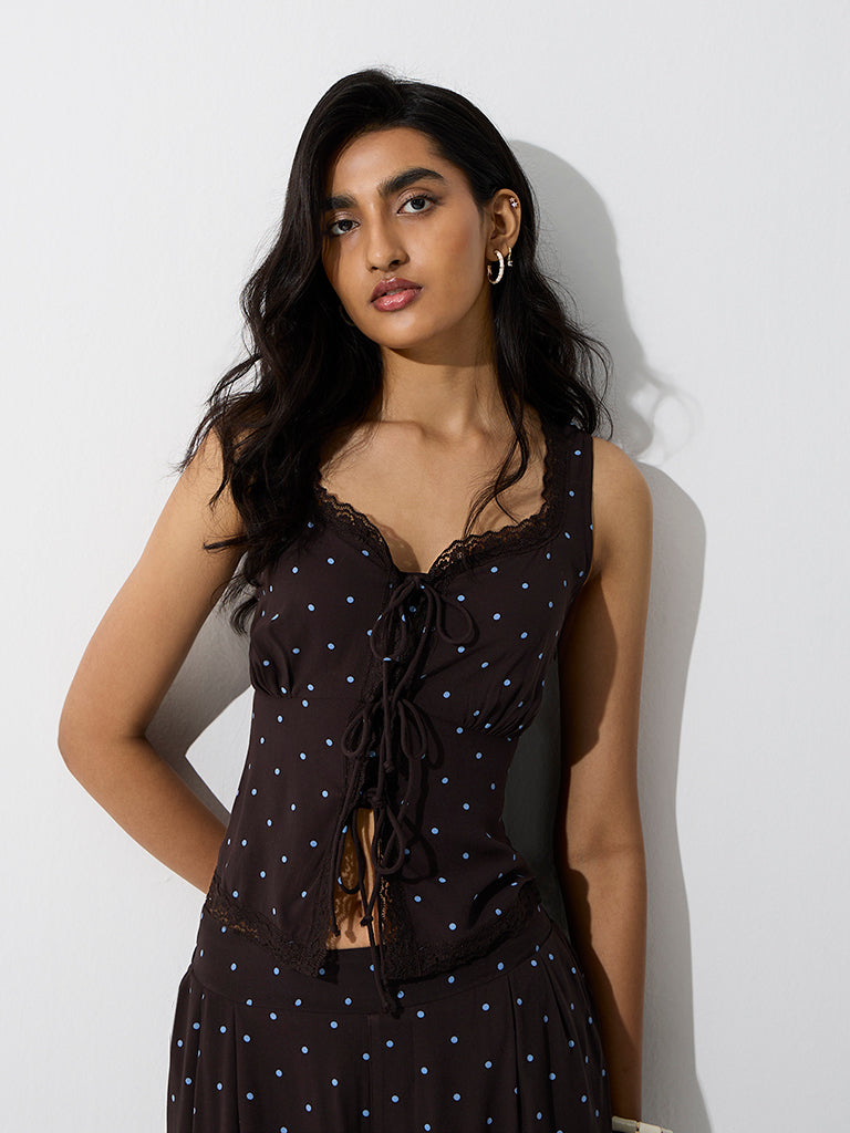 LOV Dark Brown Polka Dot Printed Top