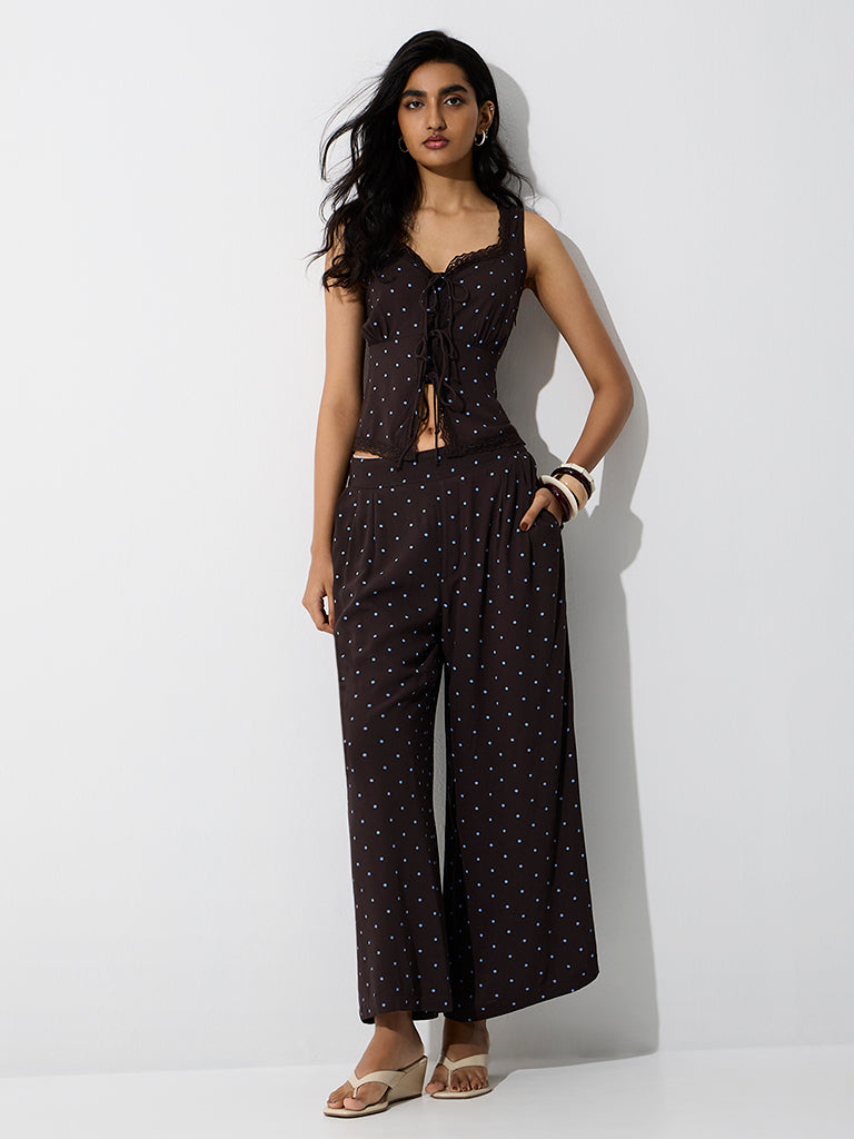 LOV Dark Brown Polka Dot Printed Top