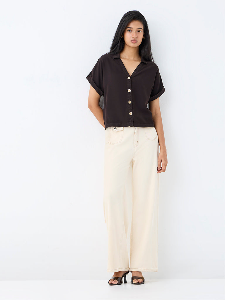 LOV Dark Brown Solid Denim Blouse