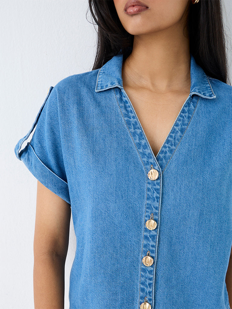 LOV Blue Solid Denim Blouse