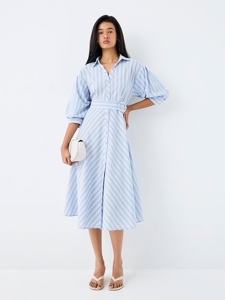 LOV Blue Striped Midi Shirt Dress with Belt