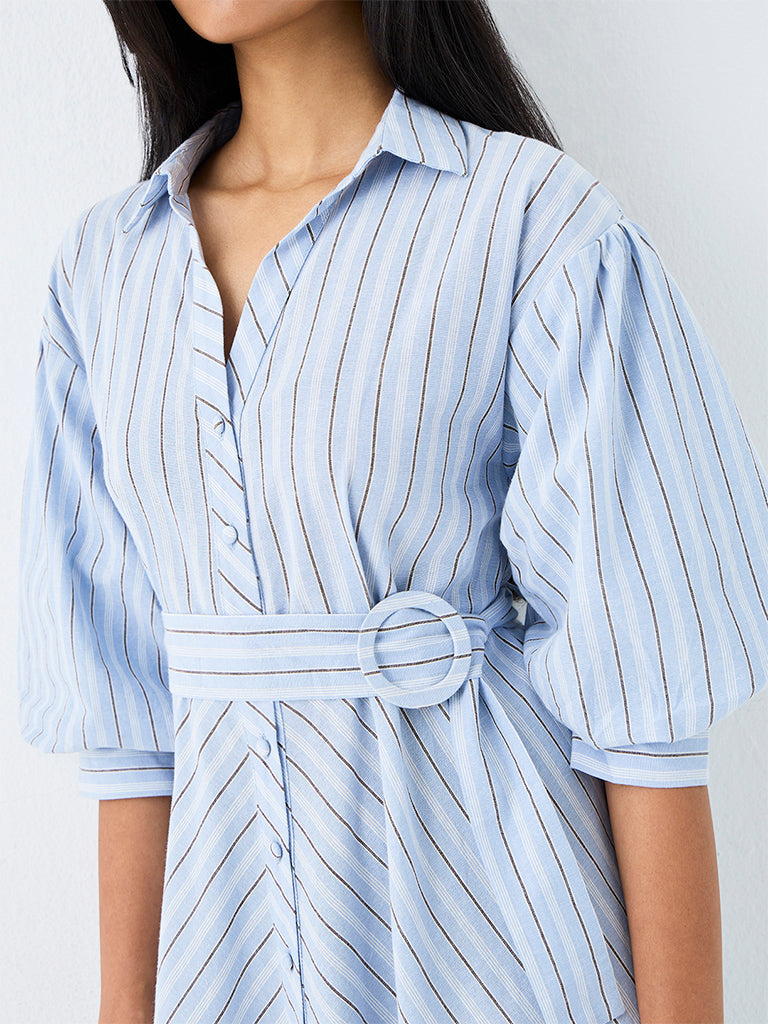 LOV Blue Striped Midi Shirt Dress with Belt