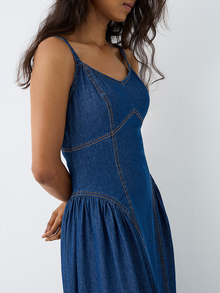 LOV Dark Blue Denim Fit-and-Flare Midi Dress